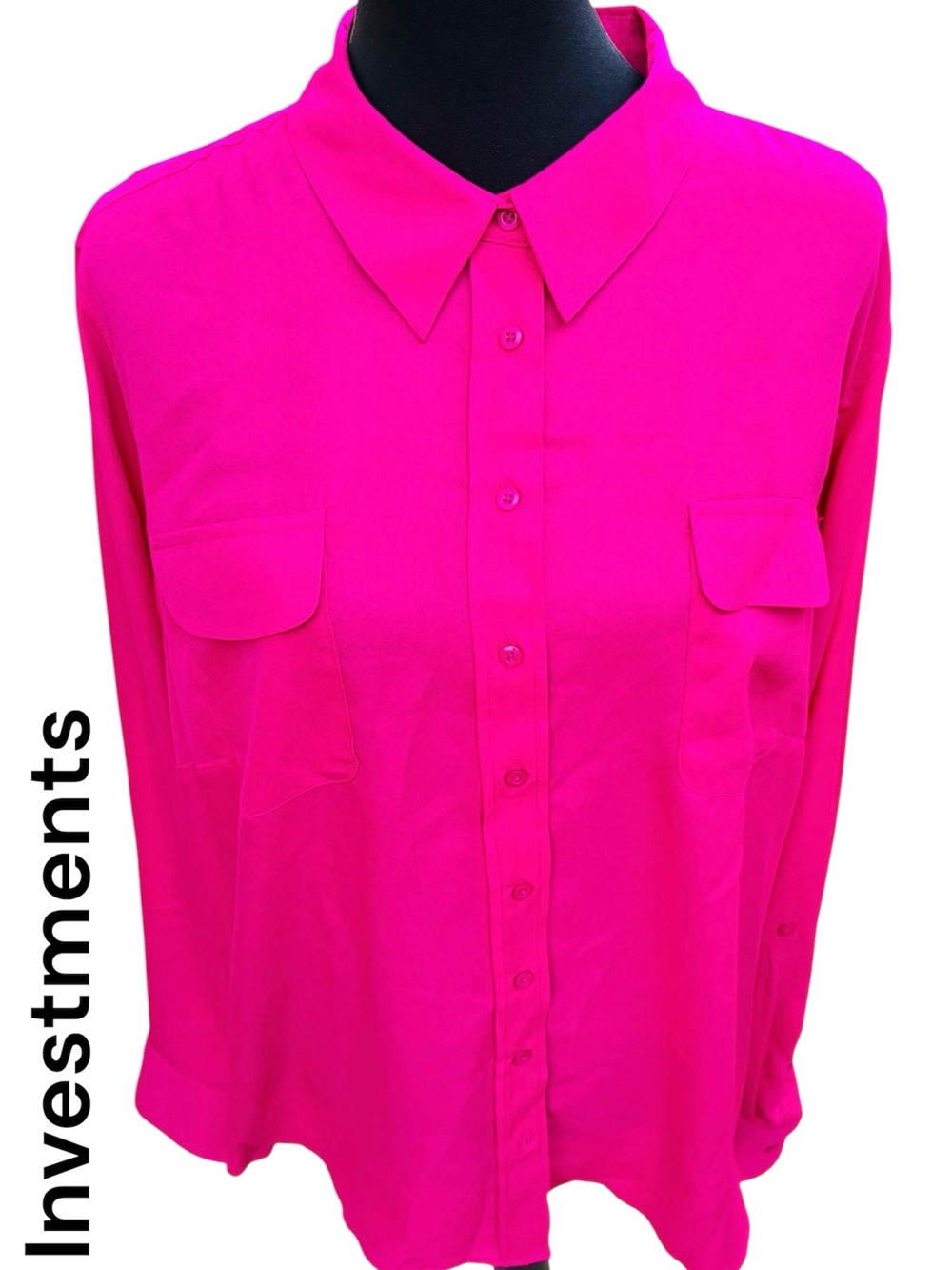 NWT Investments Plus Size 2X Fuchsia Pink Utility Button Front Blouse